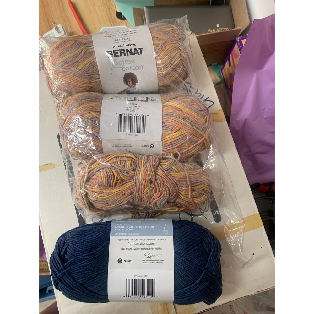 Bernat Softee Cotton lot, 2.5 Skeins Golden Haze, 1 Seaside Blue